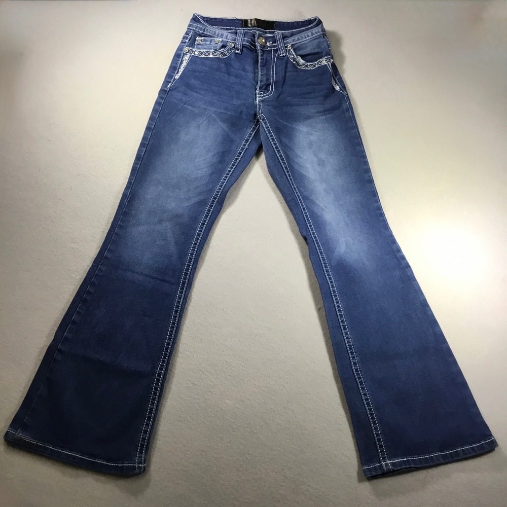 RebelJeans Womens 1/23 Blue Bootcut Embellished Rhinestone Contrast Stitch Denim